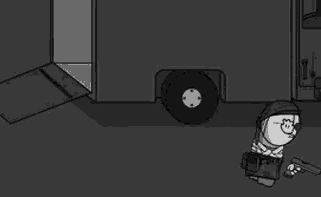 a black and white cartoon of a man holding a gun in front of a trailer .