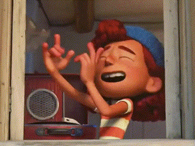 a cartoon boy is looking out of a window and making a peace sign with his hands .