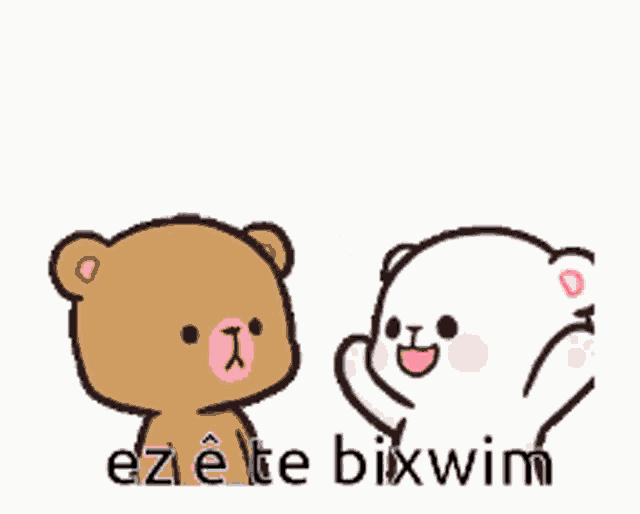 two teddy bears are standing next to each other with the words ez e te bixwim written on the bottom .