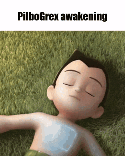 a cartoon character is laying in the grass with the words pilbogrex awakening above him
