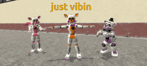 a group of cartoon characters are standing in front of a wall with just vibin written on it