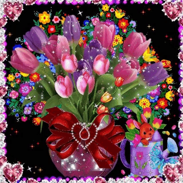 a bouquet of pink and purple flowers in a vase with a heart shaped bow