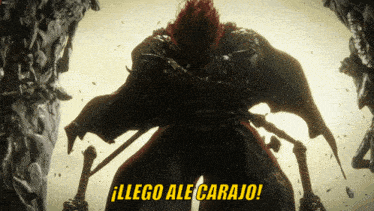 a video game character is holding a sword and says " llego ale carajo " in yellow