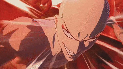 a close up of a bald man 's face with a red eye