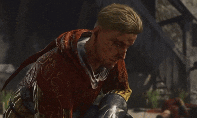 a man with blood on his face is wearing armor and a red robe