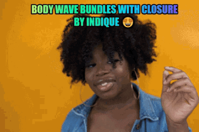 a woman with curly hair is smiling with the words body wave bundles with closure by indicue above her