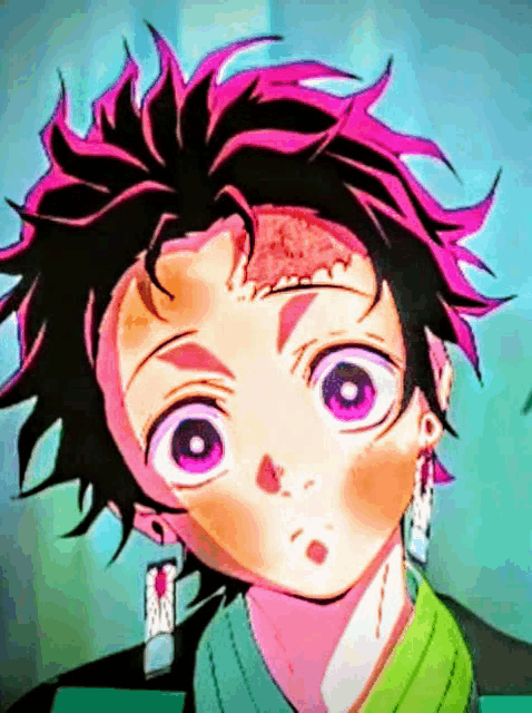 a close up of a person 's face with pink hair .