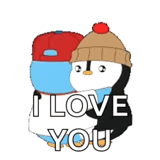 a penguin wearing a hat is hugging another penguin with the words i love you .