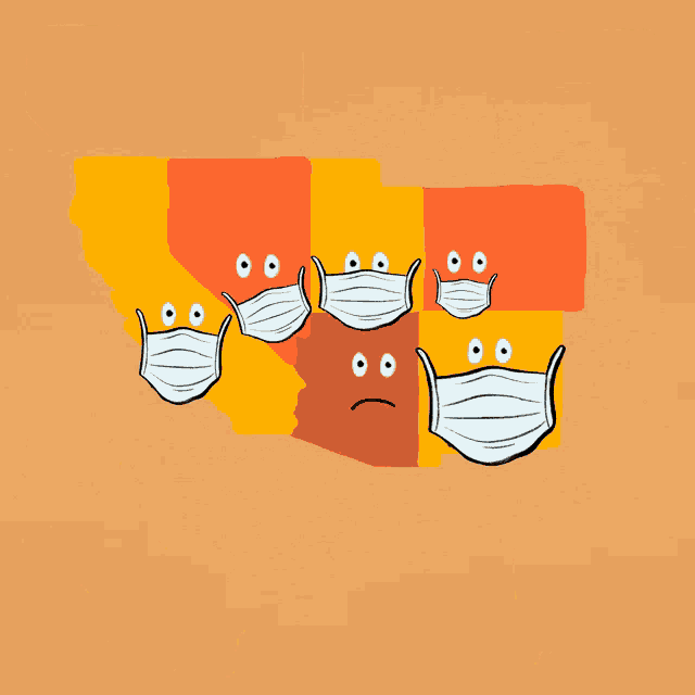 a cartoon drawing of states with face masks on