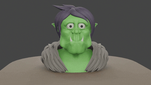 a 3d model of an orc with purple hair and big teeth