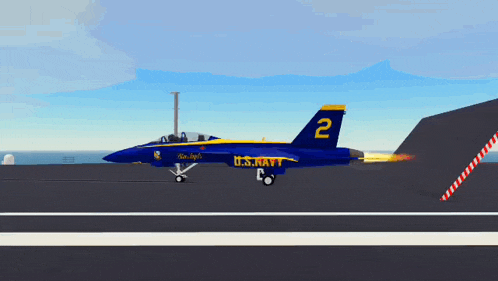 a blue and yellow u.s. navy fighter jet is taking off from a runway