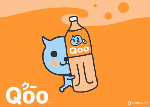 a cartoon cat is holding a bottle of q00 soda