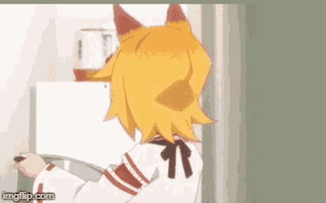 a fox girl is opening a refrigerator door with a knife .