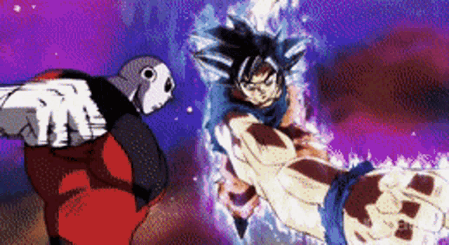 a cartoon of a man fighting another man with a purple background