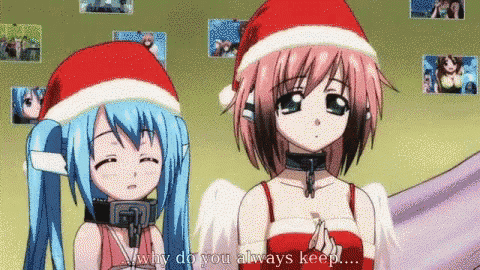 two anime girls wearing santa hats are standing next to each other and one says why do you always keep