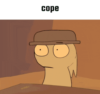 a cartoon of a person walking up a set of stairs with the word cope above them