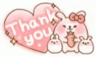 a pink heart with the words `` thank you '' written on it surrounded by three rabbits .