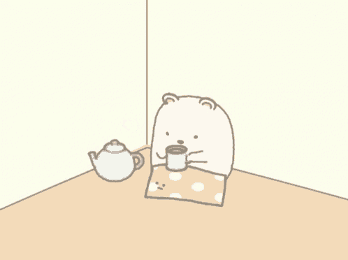 a cartoon drawing of a bear drinking a cup of coffee