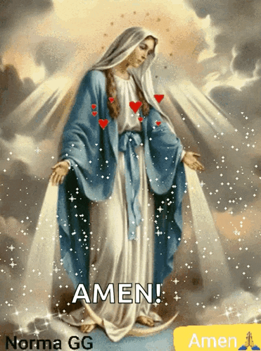 a painting of the virgin mary with the words amen on the bottom