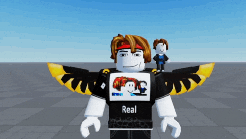 a roblox character wearing a shirt that says real