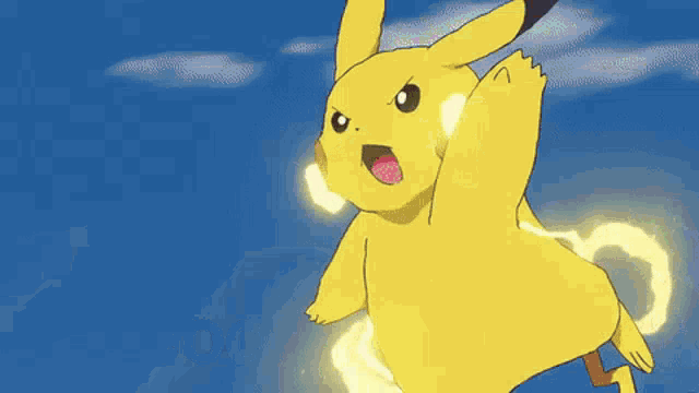 a cartoon pikachu is flying through the air .