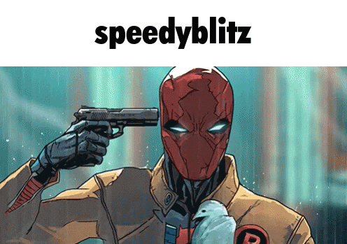 a comic book character is pointing a gun at his head and the words speedyblitz are above him