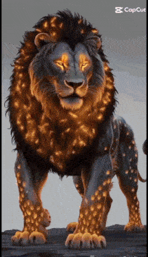 a painting of a lion with glowing eyes and a caption that says capcut