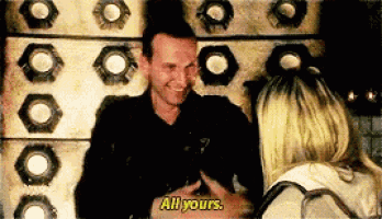 a man and a woman are talking to each other and the man says all yours