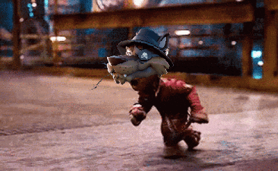 a cartoon character wearing a hat with a skull and crossbones on it is running down a street