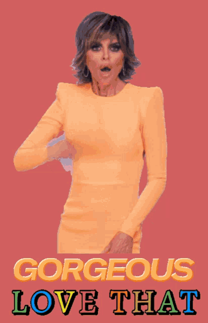 a woman in an orange dress is covering her mouth with her hand and the words omg gorgeous love that are above her