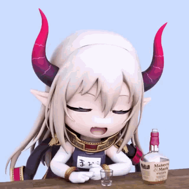 a cartoon character with horns is sitting at a table next to a bottle of whiskey .