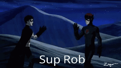 two cartoon characters standing next to each other with the words sup rob on the bottom