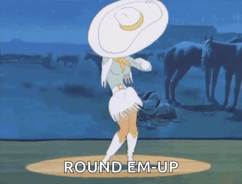 a cartoon of a cowgirl with the words round em-up below her