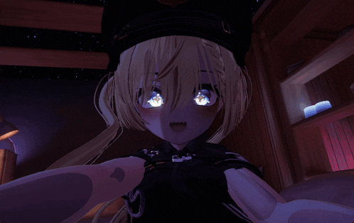 a cartoon character with a hat and gloves is taking a selfie at night