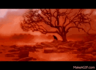 a crow is sitting under a tree in a red background