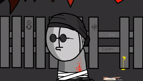 a cartoon character with a bandage around his neck is standing in front of a sign that says ' system '