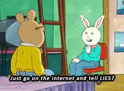 a cartoon of a bear and a rabbit talking to each other . the rabbit is sitting in a chair .