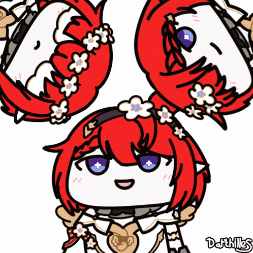 a drawing of a girl with red hair and flowers in her hair has the name darthilles on the bottom right