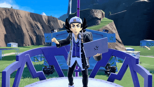 a cartoon character is holding a laptop with an x on it