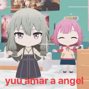 two anime girls are standing next to each other in a bedroom .