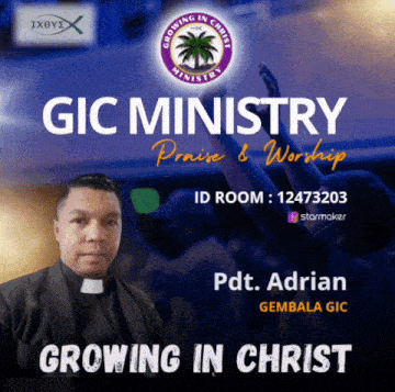 a poster for gic ministry praise and worship shows a priest
