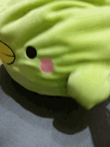 a green stuffed animal with a pink spot on it