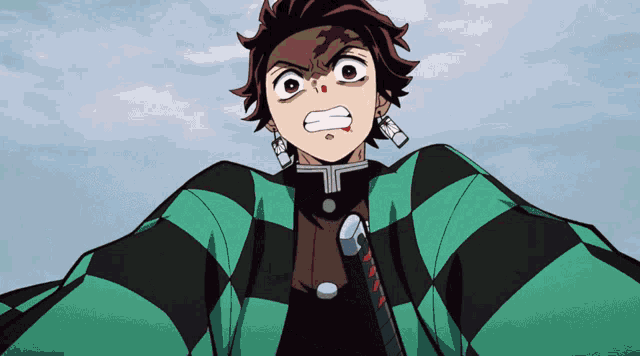 a cartoon character with a green and black checkered jacket