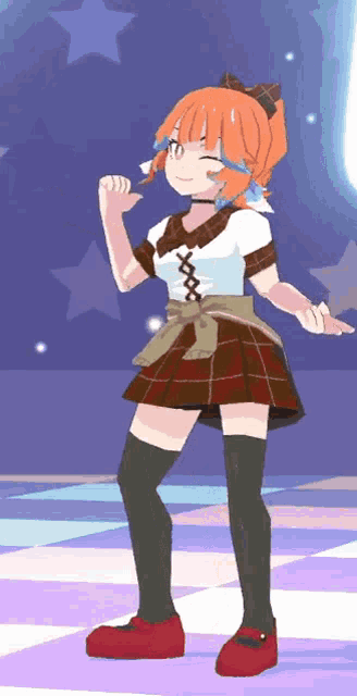 a girl with orange hair is dancing on a stage