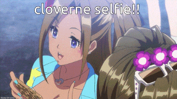 a picture of two anime girls with the words cloverne selfie