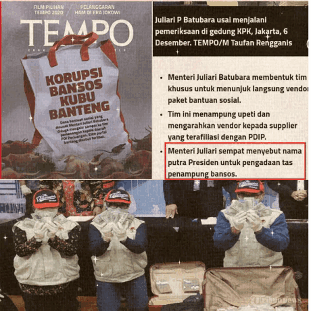 a collage of photos with a bag that says ' korupsi bansos kubu banteng '