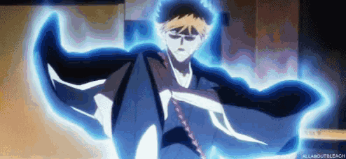 a man in a kimono is surrounded by blue light and the words all about bleach can be seen on the bottom