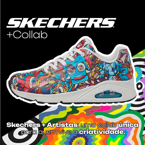 a colorful shoe with the words skechers + collab on the bottom