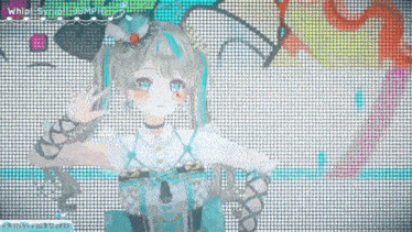 a girl with blue hair is standing in front of a screen that says whip syrup jumping on it