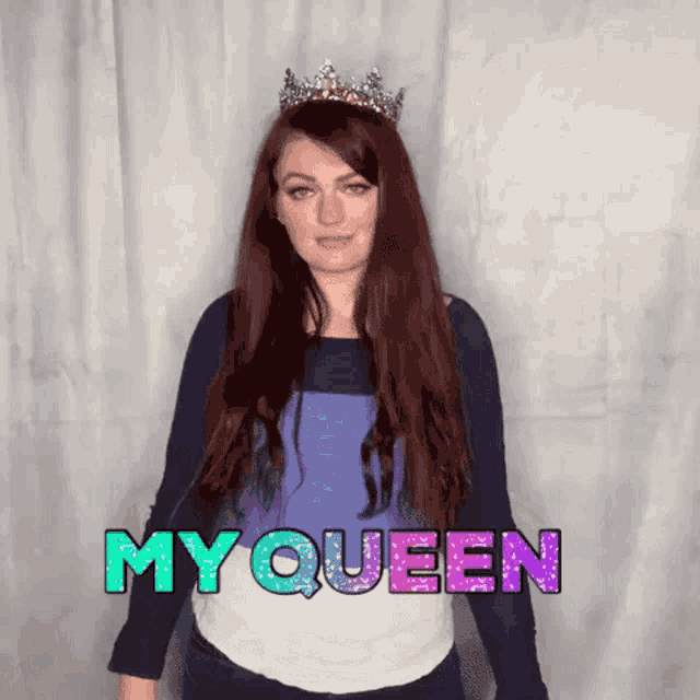 a woman wearing a tiara with the word myqueen written on it